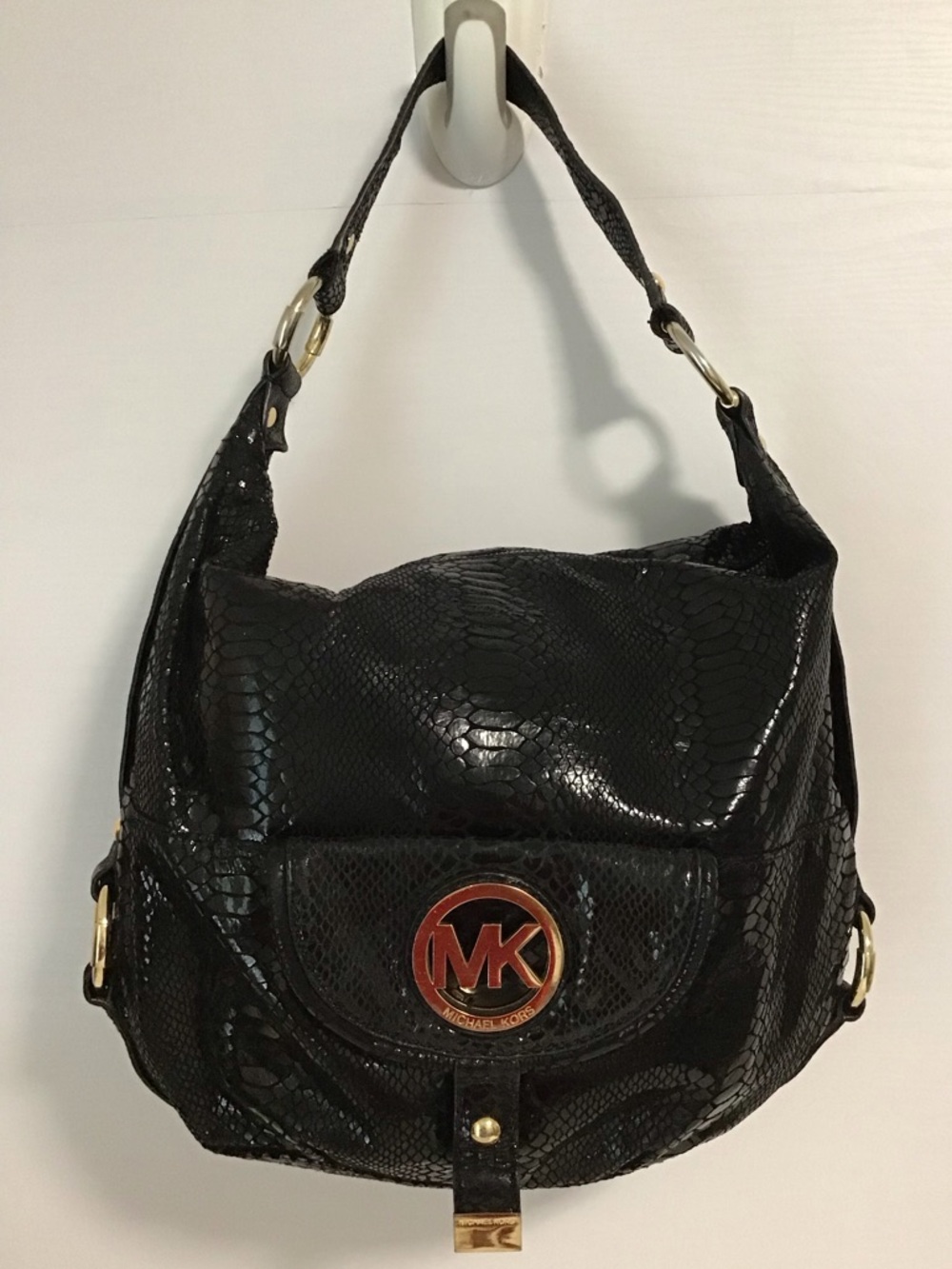 Michael Kors Black Glossy Python Embossed Leather Fulton Shoulder Bag